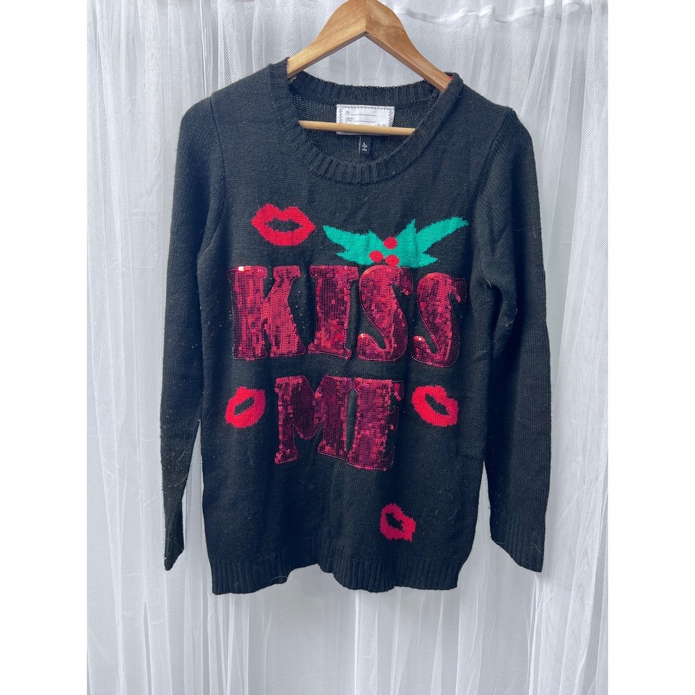 With Love Womens Black Sequin Kiss Me Mistletoe Ugly Christmas Sweater Large